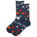 Pair of socks with kitchen utensil pattern on a white background