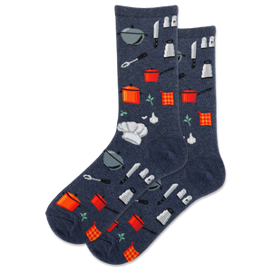 Pair of socks with kitchen utensil pattern on a white background