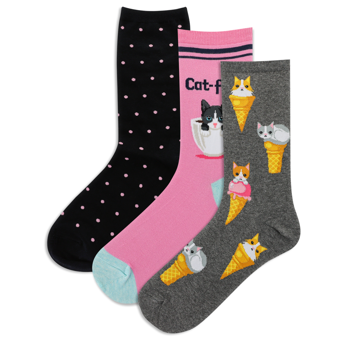 Three pairs of HOTSOX socks with cat-themed designs on a white background