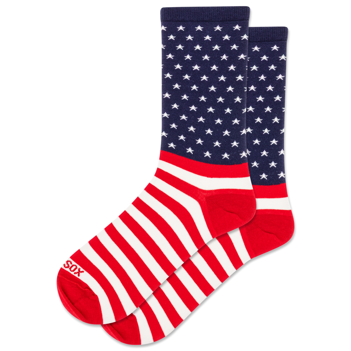Pair of socks with American flag design on a white background