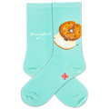 Turquoise socks with a bagel design and 'Breakfast at' text on a white background