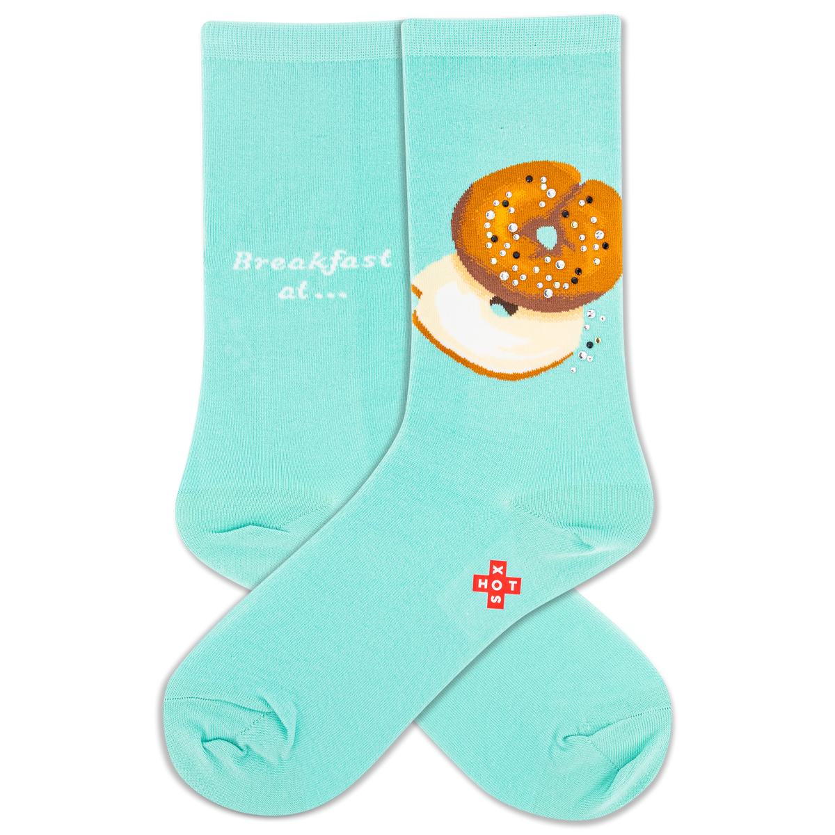 Turquoise socks with a bagel design and 'Breakfast at' text on a white background
