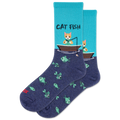 Pair of socks with a cat fishing design on a white background