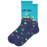 Pair of socks with a cat fishing design on a white background thumbnail