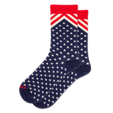 Navy blue socks with white star pattern and red accents on a white background thumbnail