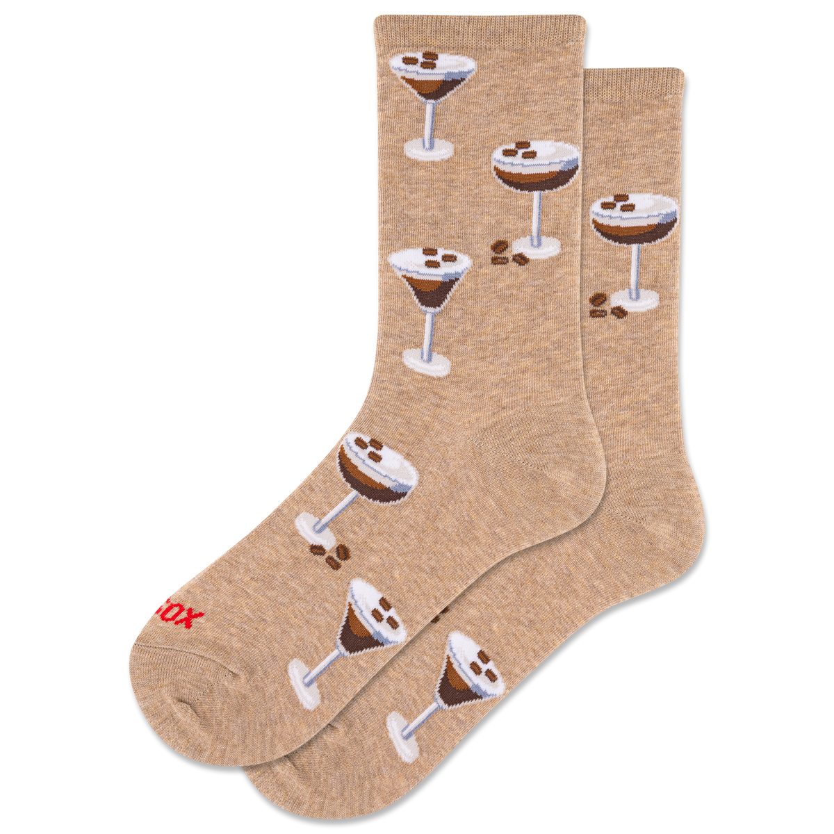 Beige socks with cocktail glass and espresso martini design on a white background