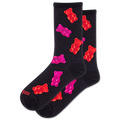 Black socks with red and pink gummy bear designs on a white background