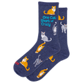 HOTSOX women's navy socks featuring gray and orange cats and the phrase 'once cat short of crazy.'