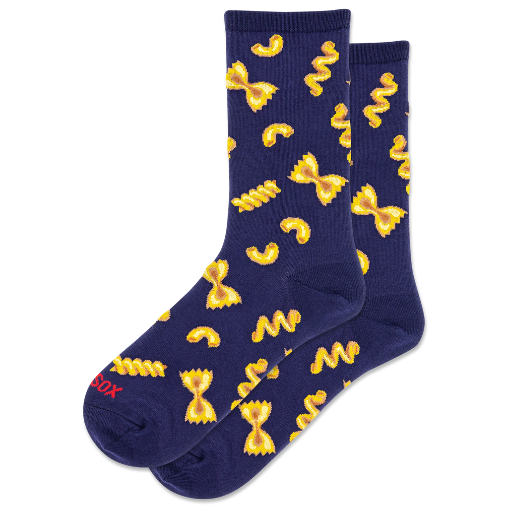 Women's navy blue socks featuring a bowtie noodle pattern.