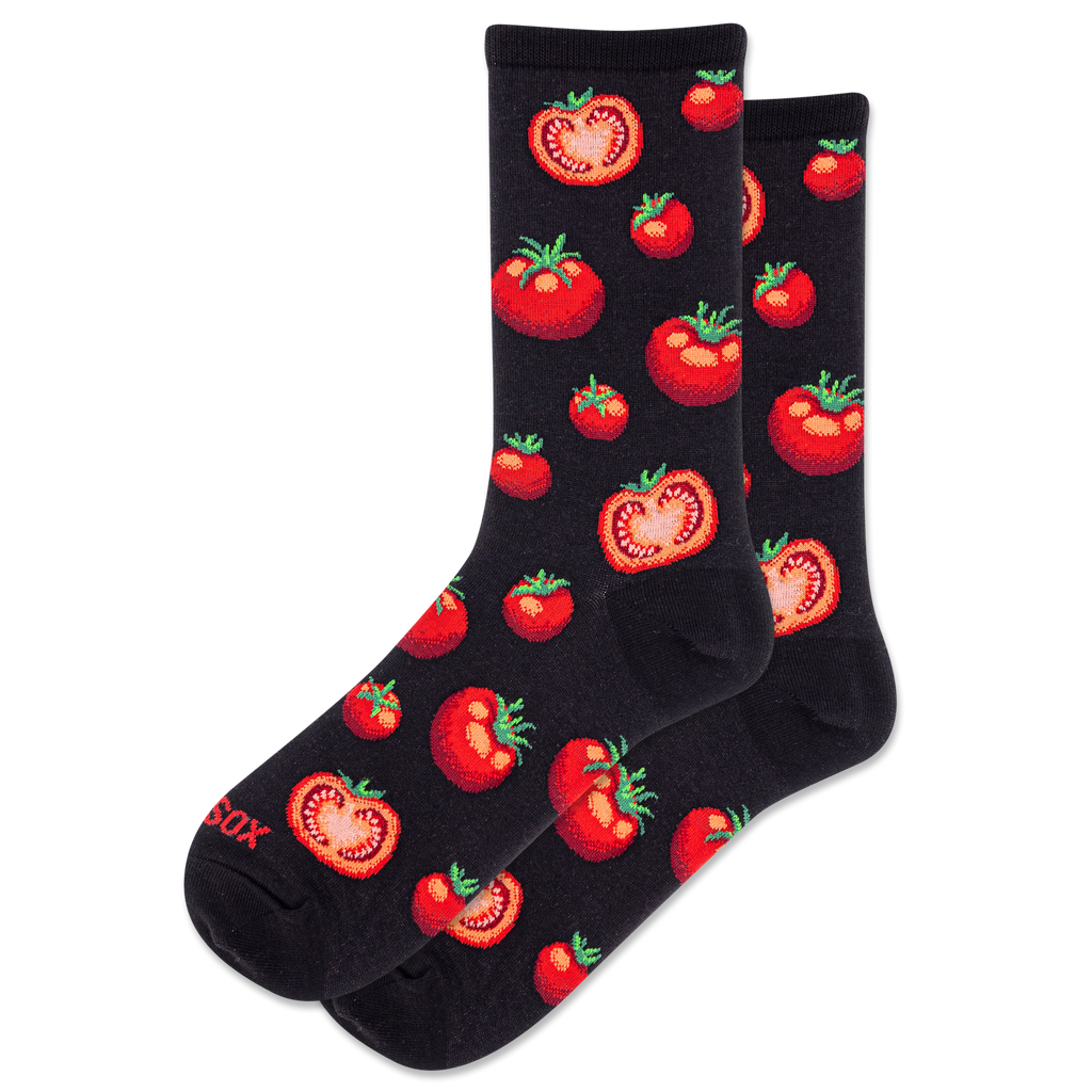 Black socks with red tomato pattern on a white background