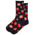 Black socks with red tomato pattern on a white background