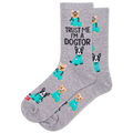 Gray socks with cartoon dog illustrations and text 'Trust Me I'm a Dogtor' on a white background