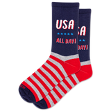 Two socks with 'USA All Day!' text and red, white, and blue design on a white background