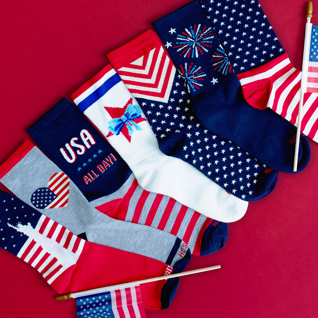 Various Americana-themed women's HOTSOX crew socks.