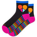 Colorful socks with heart and striped patterns on a white background