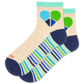 Colorful sock with geometric heart and stripe pattern on a beige background