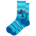 Blue striped socks with island and sailboat design on a white background