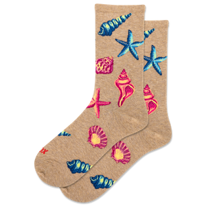 Beige socks with colorful shell and starfish patterns on a white background