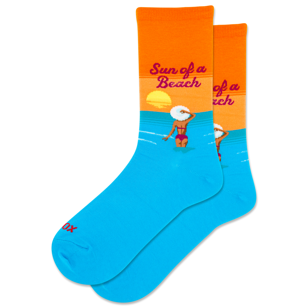 Pair of socks with a beach-themed design on an orange and blue background