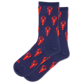 Navy socks with red lobster pattern on a white background