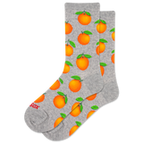 Gray socks with a repeat orange pattern on a white background