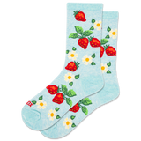Light blue socks with strawberry and flower pattern on a white background thumbnail