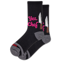Black socks with 'Yes, Chef' text and knife graphics on a white background