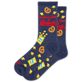 Navy blue socks with snack-themed graphics and text on a white background