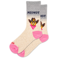 Cat-themed socks with cowboy hat design and 'MEOWDY' text on a white background