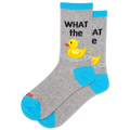Gray socks with a yellow rubber duck and text on a white background