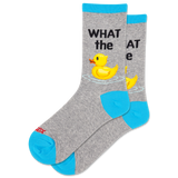 Gray socks with a yellow rubber duck and text on a white background thumbnail