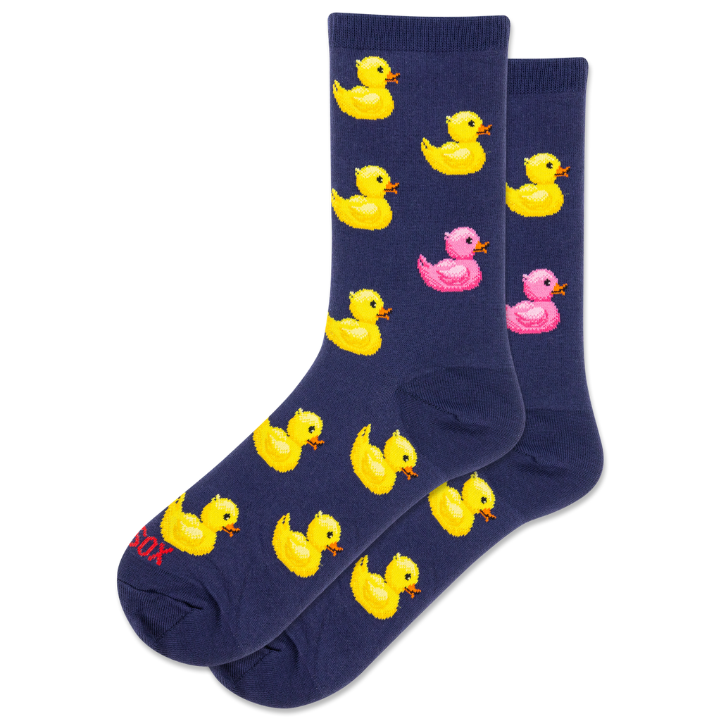 Navy blue socks with yellow rubber duck and pink duck pattern on a white background