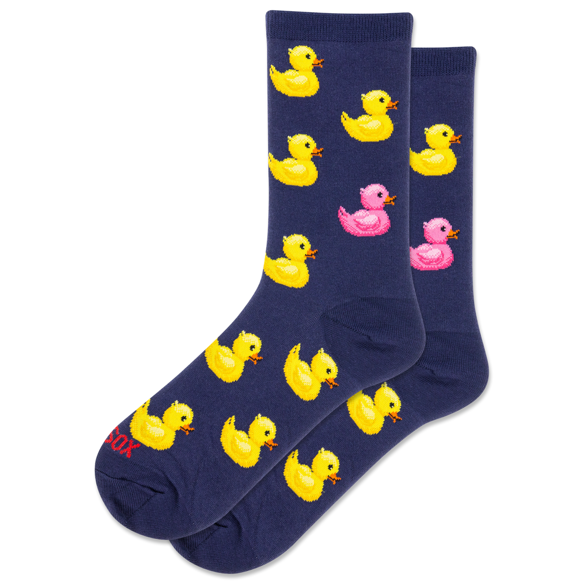Navy blue socks with yellow rubber duck and pink duck pattern on a white background