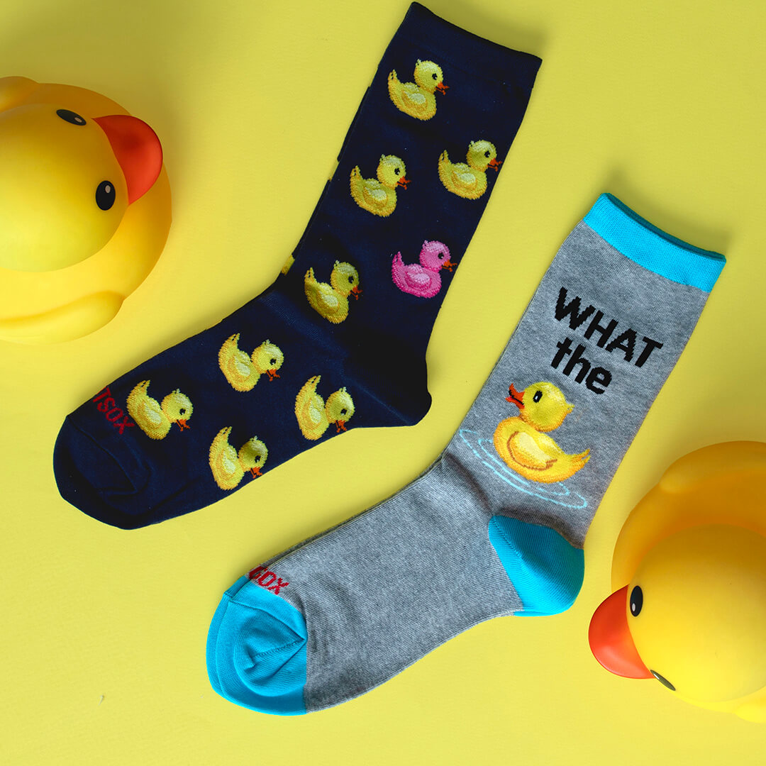 Women's novelty HOTSOX with duck-themed motifs.