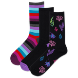 Three pairs of socks inspired by the sea;  one with various pink, red, purple, blue and gray stripes, a solid black crew with a contrast purple toe and one with coral and fish designs on a white background.