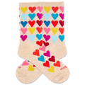 Beige socks with colorful heart pattern on a white background