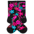 Women's black socks with a vibrant floral pattern featuring hot pink, magenta and blue colors.