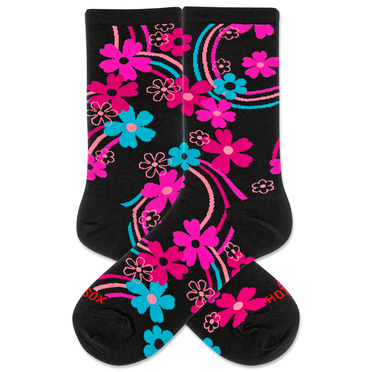 Women's black socks with a vibrant floral pattern featuring hot pink, magenta and blue colors.