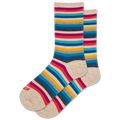 Colorful striped socks with a brand logo on a white background