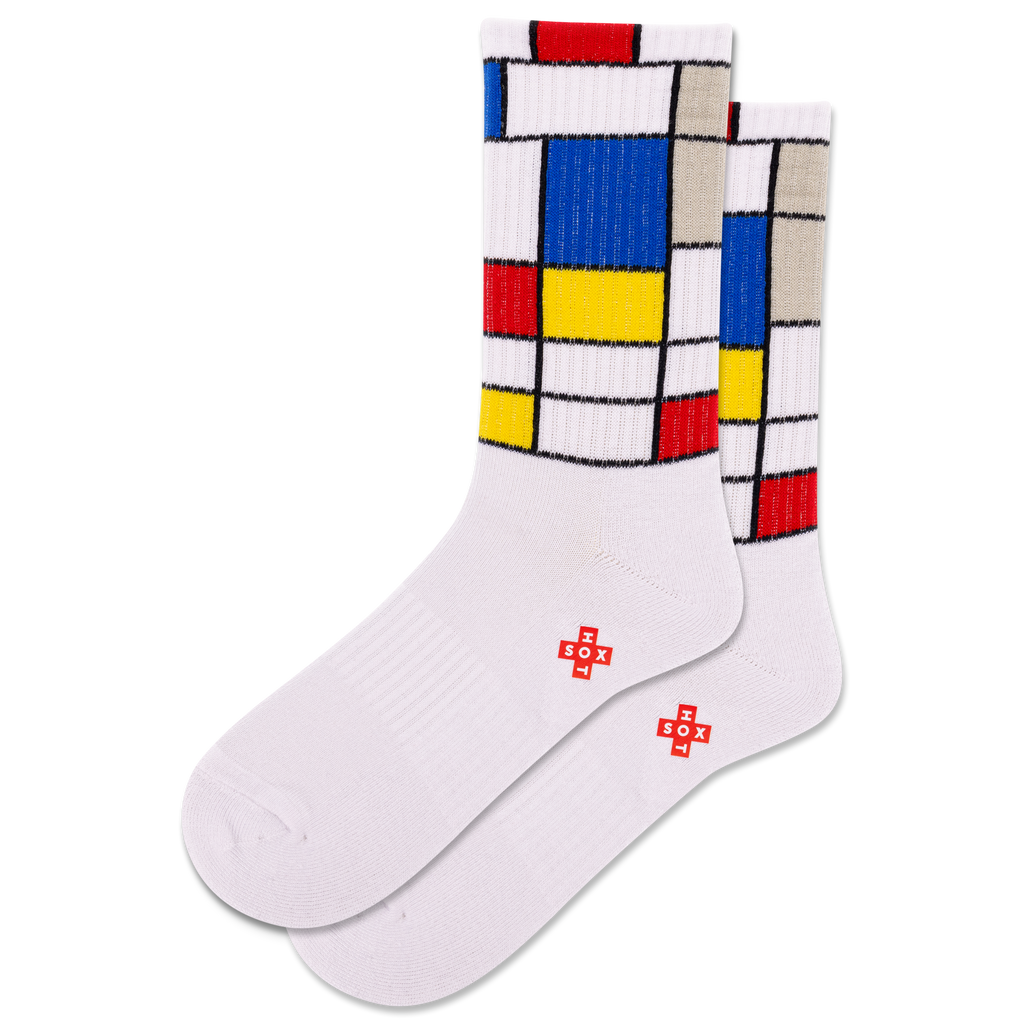 White socks with colorful geometric pattern on a white background