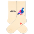 Beige socks with a colorful pigeon and 'I Love New York' text on a white background