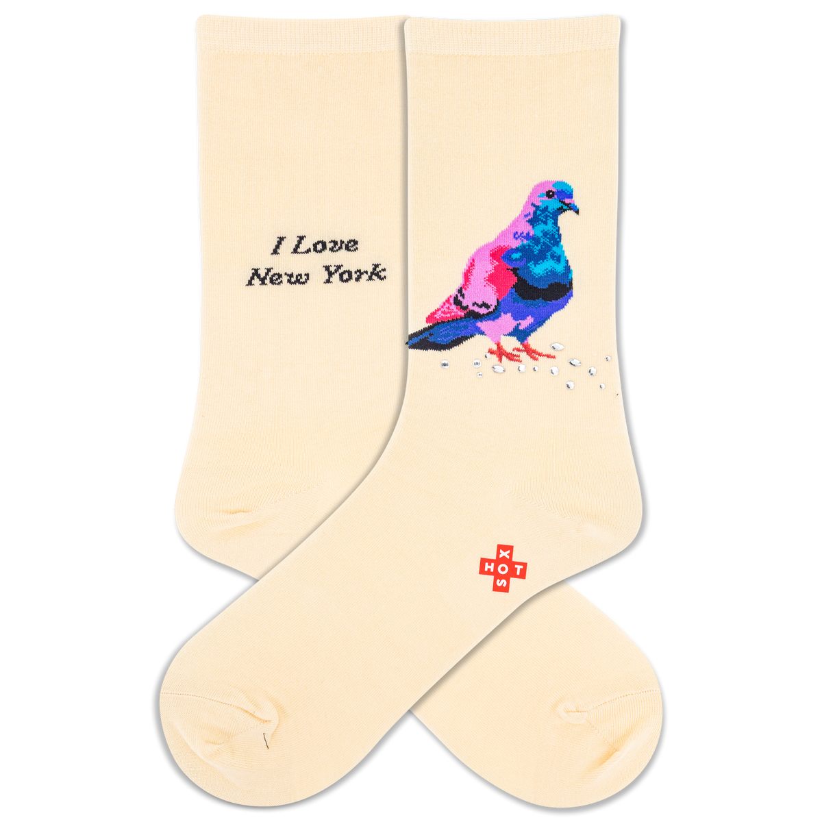 Beige socks with a colorful pigeon and 'I Love New York' text on a white background