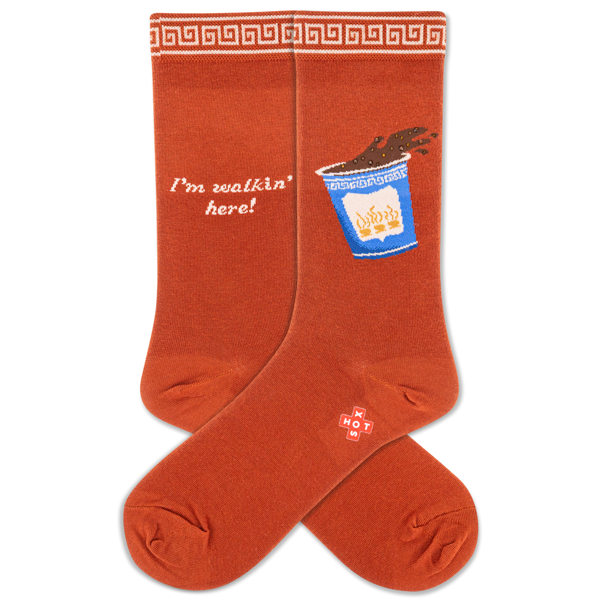 Orange socks with a spilling coffee cup  design and text on a white background