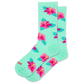 Mint green socks with pink floral patterns on a white background