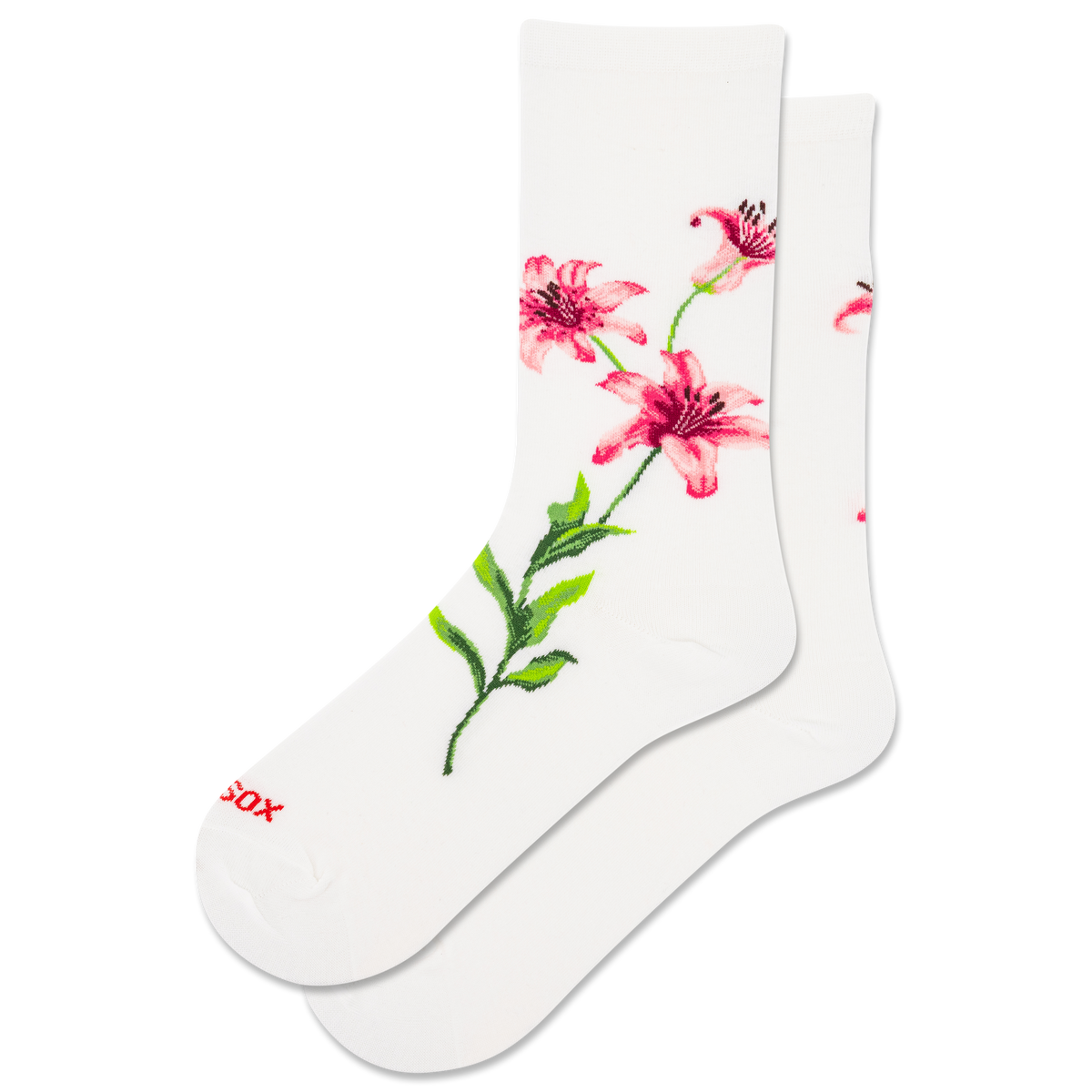 White socks with pink floral design on a white background