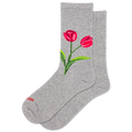 Gray socks with red tulip design on a white background