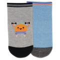 Two socks, one gray with an orange holding weights and the other blue, on a white background.