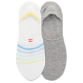 Gray and white no-show socks with colorful stripes on a white background