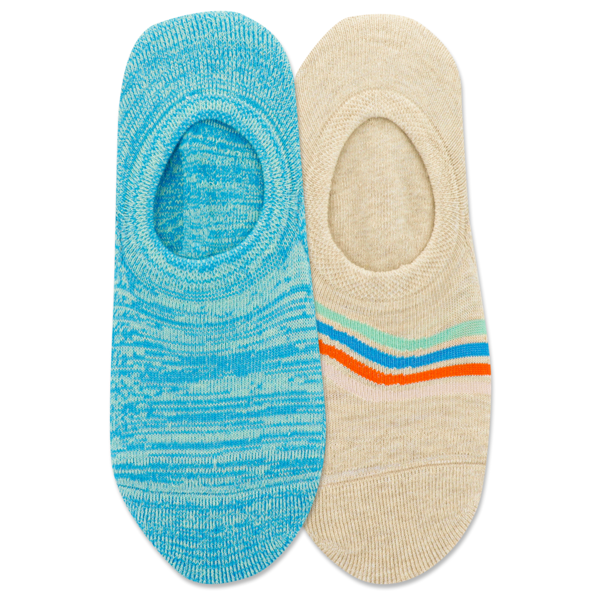 Two pairs of no-show socks, one blue and one beige with colorful stripes, on a white background.