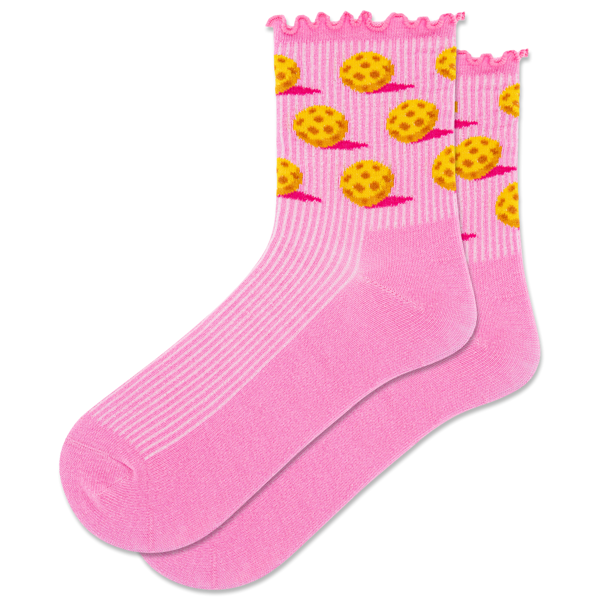 Pink socks with pickleball pattern on a white background